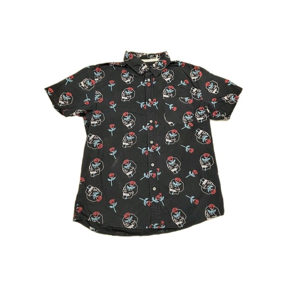 Cornerstore Bodega Shirt Mens L Black Skull Rose Print Short Sleeve Button-Up